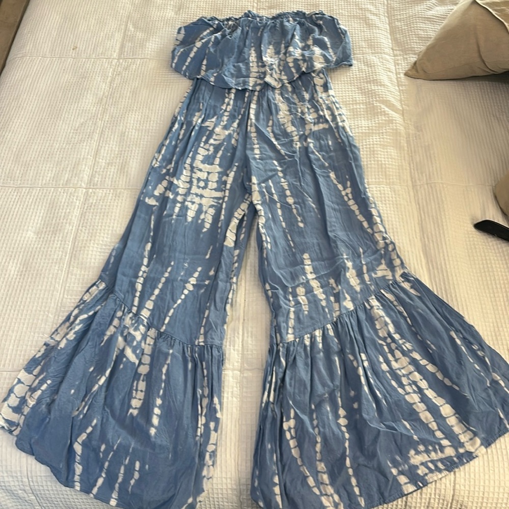 strapless boho style jumpsuit in sky, blue and white